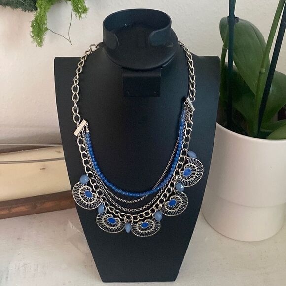 Charming Charlie Blue Mediu 4 layered necklace blue beads and silver tone chain - Picture 1 of 5